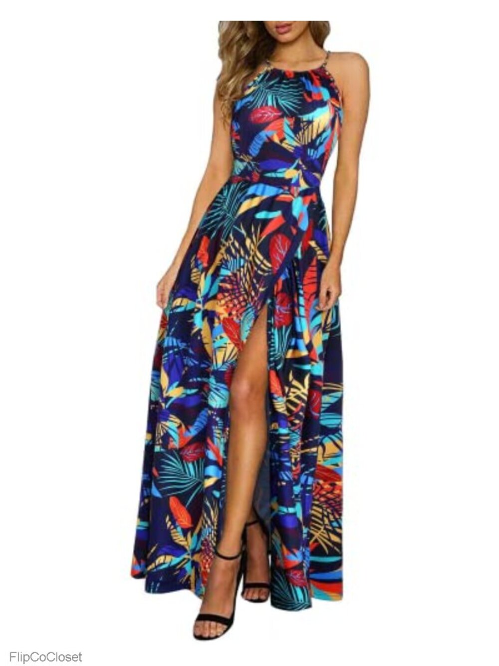 Flowy Maxi Dress Halter Neck Split Sleeveless Summer Beach Vacation